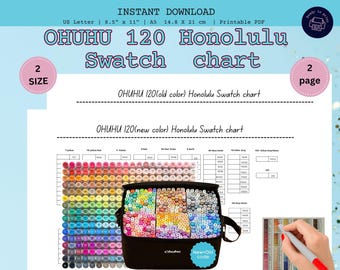 Ohuhu 120 Honolulu Swatch Chart , Marker Color Chart Printable, Alcohol Marker Tracker,  2 Pages, A5 & US Letter, Instant Download PDF