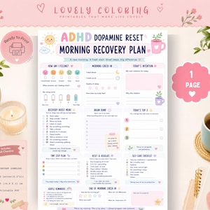 May include: A printable ADHD dopamine reset morning recovery plan document featuring sections for feelings, energy levels, morning check-ins, intentions, brain dumps, top three tasks, recovery boost menus, self-care checklists, and gentle reminders.