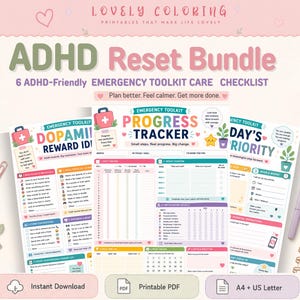 Op de afbeelding: Een digitale ADHD Reset Bundle met drie printbare pagina's in pastelkleuren en iconen. De vellen bevatten een lijst met beloningsideeën, een voortgangstracker voor noodhulpmiddelen en een dagplanner met diverse selectievakjes en prompts.