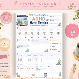May include: A printable ADHD Aquarium Breeding Planner page featuring a colourful hatch timeline, breeding setup fields, daily check logs, care reminders, and a feeding plan. The document includes illustrations of fish, aquatic plants, and shells.