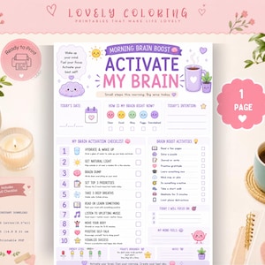 May include: A printable morning brain boost checklist featuring the text ACTIVATE MY BRAIN. The document includes sections for date, mood tracking, a ten-step activation checklist, brain boost activities, and daily intentions with pastel graphics.
