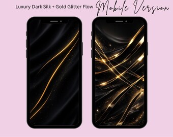 May include: Two black smartphones displaying elegant wallpapers. The left phone shows a dark silk design with gold glitter flow, while the right features a similar aesthetic. Text reads "Wallpaper iphone Mobile Version" and "Gentle Aesthetic Wallpapers for Calm Minds."