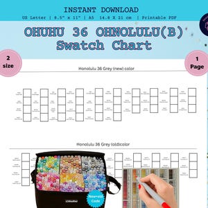 May include: A printable PDF swatch chart for Ohuhu 36 Honolulu(B) markers. The chart includes color swatches for both new and old color codes, with a size of 8.5" x 11" (21.59 cm x 27.94 cm).