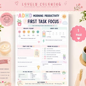 May include: A printable ADHD morning productivity planner page featuring sections for energy checks, task prioritization, distraction planning, and focus time blocks. The document includes text prompts, checkboxes, and colorful icons on a white background.