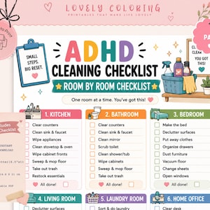 ADHD Cleaning Checklist Bundle, ADHD Cleaning Planner Printable, Declutter Challenge, Cleaning Sprint Sheet, Executive Function Cleaning