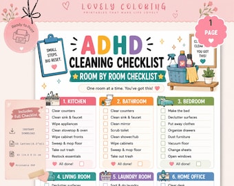 Pacchetto di checklist per le pulizie per persone con ADHD, pianificatore di pulizie stampabile per persone con ADHD, sfida di riordino, foglio sprint per le pulizie, pulizie per le funzioni esecutive