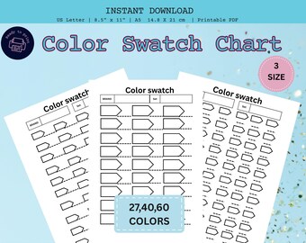 May include: Three printable color swatch charts on white paper. The charts are labeled "Color Swatch" and include spaces for color swatches and brand names. The image also includes the text "27,40,60 COLORS" and "3 SIZE".