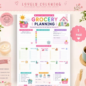 Puede incluir: Una hoja de planificación de compras blanca con encabezados e iconos en colores pastel. El texto incluye ADHD HOME MANAGEMENT, GROCERY PLANNING y secciones para planificar comidas, presupuestos y una lista de compras con casillas.