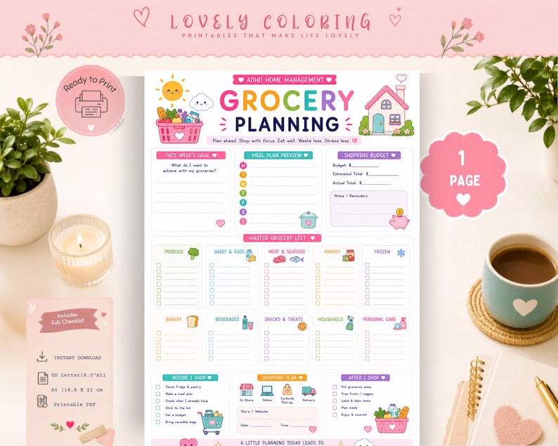 May include: A white grocery planning sheet with colourful pastel headers and icons. The text includes ADHD HOME MANAGEMENT, GROCERY PLANNING, and sections for meal planning, shopping budgets, and a master grocery list with checkboxes.