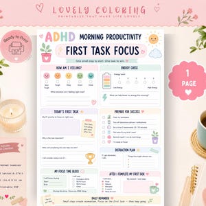 May include: A printable ADHD morning productivity planner page featuring sections for mood tracking, energy levels, task prioritisation, distraction planning, and focus time blocks with pastel colours and icons like a sun, plant, and trophy.