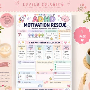 Może przedstawiać: Strona do planowania ADHD Motivation Rescue do druku z kolorowym układem, zawierająca sekcje na codzienne cele, sprawdzanie motywacji i zarządzanie zadaniami, z nagłówkami tekstowymi, polami wyboru oraz ilustracjami rakiety i mózgu.