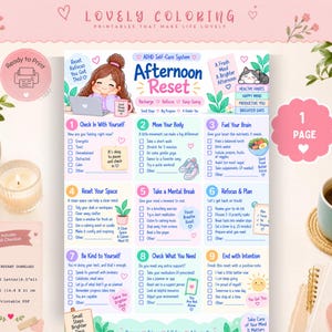 Puede incluir: Una lista de control imprimible para el sistema de autocuidado TDAH titulada Afternoon Reset. El documento presenta nueve secciones numeradas con casillas de verificación, incluyendo Check In With Yourself, Move Your Body y Fuel Your Brain, con ilustraciones en tonos pastel.