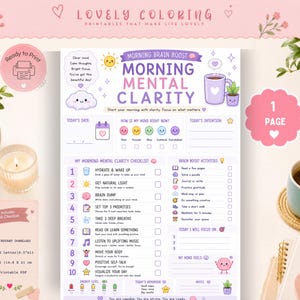 May include: A printable morning mental clarity checklist featuring a purple and white color scheme with icons for daily tasks, hydration, and mood tracking. The document includes sections for date, intention, brain boost activities, and energy levels.