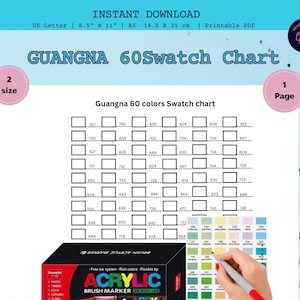 Op de afbeelding: Een afdrukbare PDF-kleurenkaart met de tekst "GUANGNA 60 Swatch Chart". De kaart bevat genummerde vakken voor kleurstalen en een kleurenpalet. Onderaan staat een zwarte acryl brush marker doos.