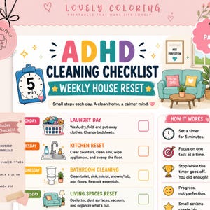 Könnte beinhalten: Eine druckbare ADHD-Reinigungs-Checkliste mit dem Titel Weekly House Reset mit bunten Symbolen für tägliche Aufgaben wie Wäsche, Küche und Bad. Enthält eine 5-Minuten-Timer-Grafik, Anleitungen und Größenangaben von 8,5x11 Zoll und 14,8x21 cm.