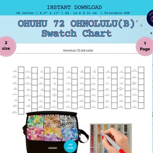 May include: A printable Ohuhu 72 Ohnolulu(B) swatch chart with color swatches. The chart includes the text "Instant Download" and "US Letter 8.5" x 11"". A black carrying case with markers is at the bottom of the image.