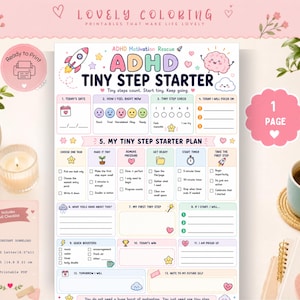 May include: A printable ADHD Tiny Step Starter planner page featuring pastel colours, a rocket, and a brain illustration. The document includes sections for daily dates, mood tracking, task planning, timers, and quick boosters, with text labels in English.