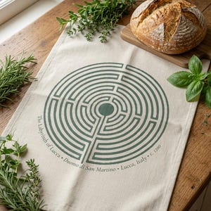 May include: A rectangular off-white kitchen towel featuring a dark green circular labyrinth design. The text printed along the bottom curve reads: The Labyrinth of Lucca • Duomo di San Martino • Lucca, Italy • c. 1200. The fabric has a woven texture.