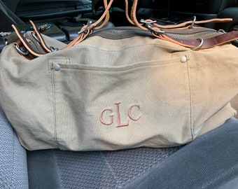 Canvas and Leather duffle bag - monogrammed pocket