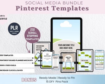 250 Pinterest Pin Templates Canva PLR | Editable DFY Social Media Templates Bundle | Pinterest Marketing Kit for Small Business