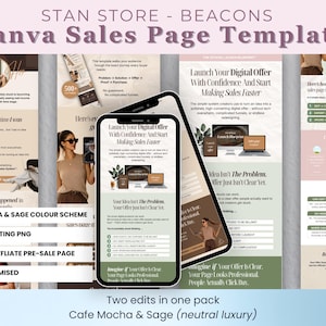 Puede incluir: Plantilla de página de ventas de Canva con un esquema de color café moca y salvia. El diseño incluye maquetas de teléfono y portátil, mostrando las características de la plantilla. El texto destaca una página de preventa y la optimización móvil.