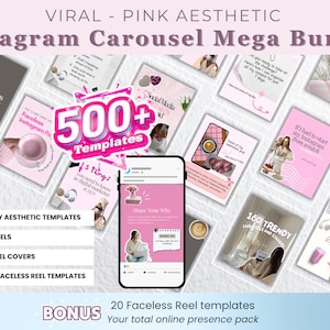 Puede incluir: Gráfico de un paquete Mega Bundle de carrusel de Instagram estético rosa con el texto "500+ Templates". La imagen incluye varias plantillas, una maqueta de teléfono inteligente y el texto "PLR EDIT & EARN TODAY".
