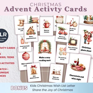 Peut inclure: Une collection de cartes d'activités de Noël rectangulaires avec des illustrations à l'aquarelle et des textes. Les cartes présentent diverses scènes de vacances, notamment une maison en pain d'épices, du chocolat chaud et du vin.