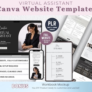 May include: A Canva website template for virtual assistants featuring a laptop and smartphone display. The design includes text such as Virtual Assistant, Zara Vess, How It Works, and PLR Edit & Earn Today. The layout showcases service sections, responsive pages, and a bonus workbook mockup.