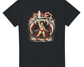 "Por el poder de Grayskull" – Camiseta unisex de cuello redondo con estampado de linograbado de He-Man / Gildan® 5000