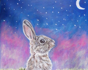 Original Rabbit Acrylic Painting, Moonlight Stargazing Art, 11x14 Canvas