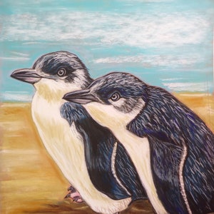 Penguin original painting - Australian little penguins-Fairy penguins -penguin gift- Hand painted art- handmade painting