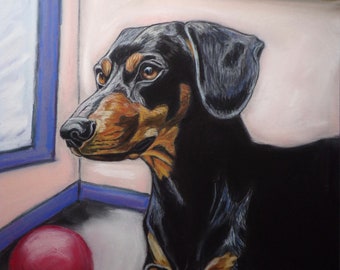Original Dachshund Pastel Painting, Dog Pet Portrait Art