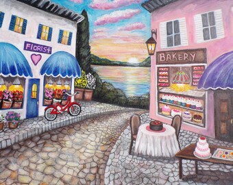 Quaint village street  by the water ,Acrylic painting, wall decor ,Hand painted art- handmade art