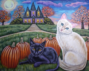 Cat Halloween original  painting- Halloween Art-Pumpkin Art-Gothic art