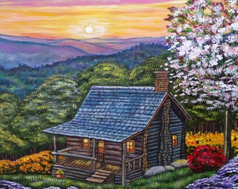 Wood Cabin original painting-Nature art-sunset art-Hand painted art- handmade art