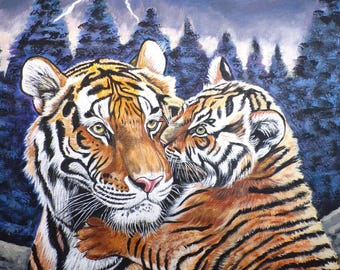 Tiger  original animal  painting-handpainted art-handmade art -Tiger and cub in the moonlight art- wall art-tiger decor