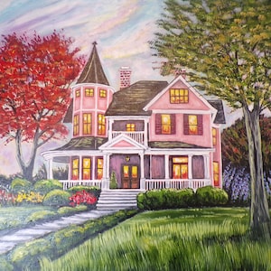 Cottage house painting- Victorian house Original art- Hand painted art- Handmade art