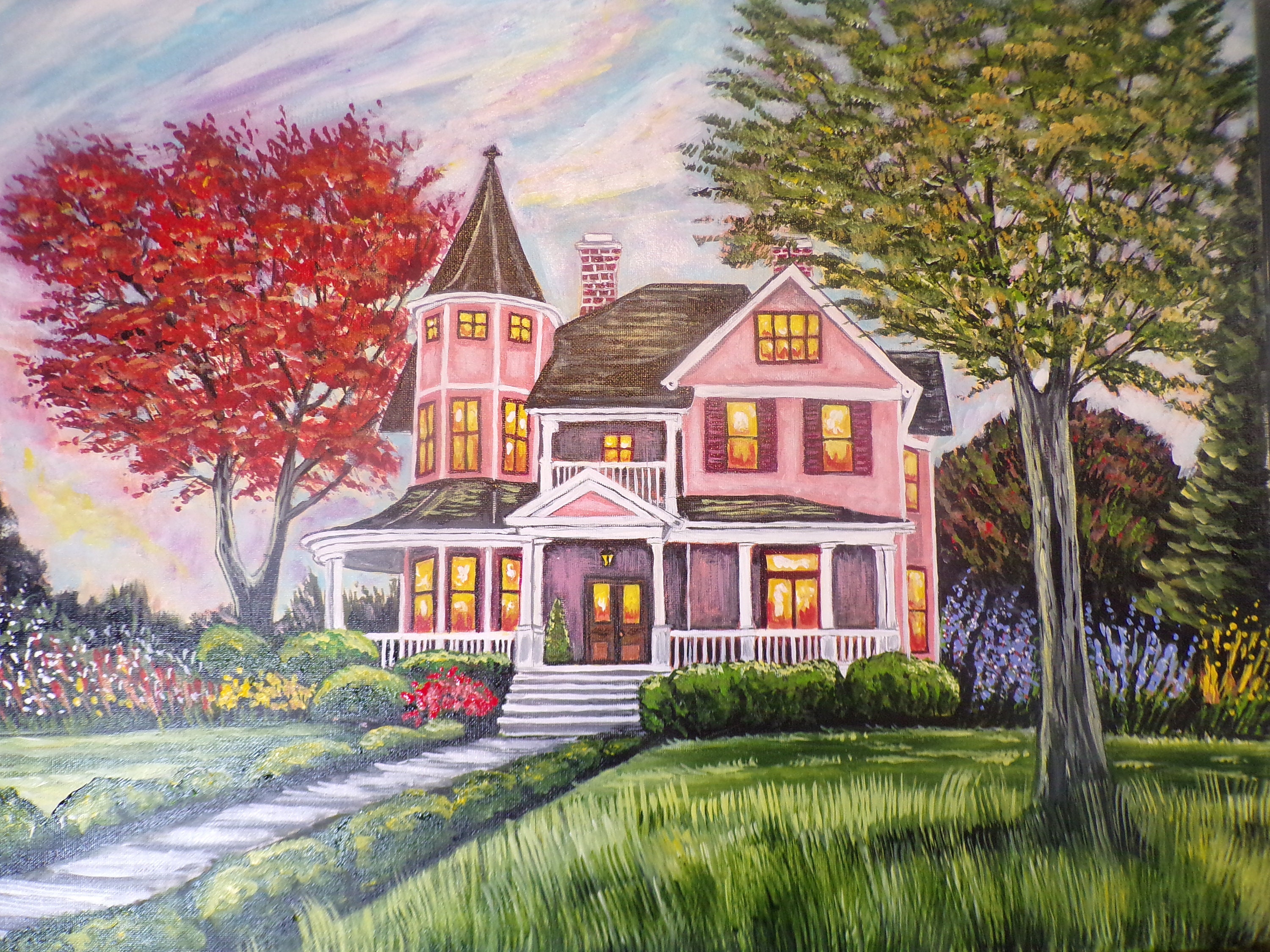 Cottage house painting- Victorian house Original art- Hand painted art- Handmade art
