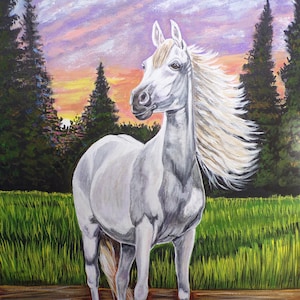 White horse original painting-Horse wall decor-horse gift- equine art-Handpainted -Hand made art
