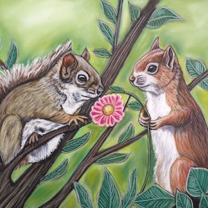 Squirrel love original painting -squirrel gift- Hand painted art- Handmade art