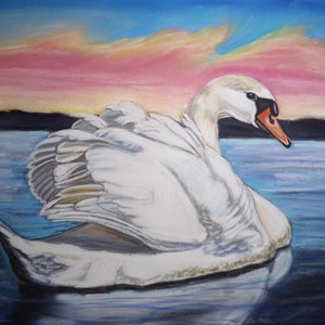 Swan painting,Swan gift, Swan art, original painting, wall decor ,sunset lake, bird art- Hand painted art- handmade art