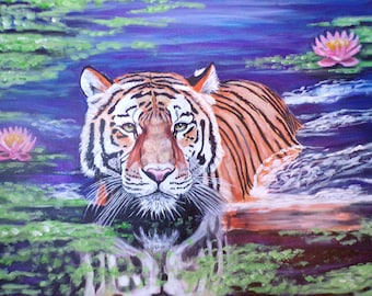 Tiger swimming in the lake original animal wall art  painting-handpainted art-handmade art