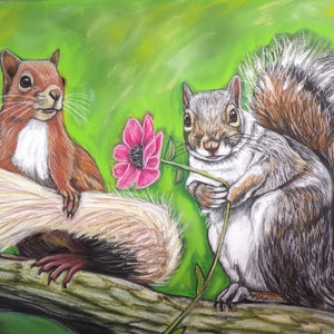 Squirrel love original painting -squirrel gift- Hand painted art- Handmade art