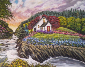 Cottage landscape original acrylic canvas painting, wall decor- handpainted art-Handmade art