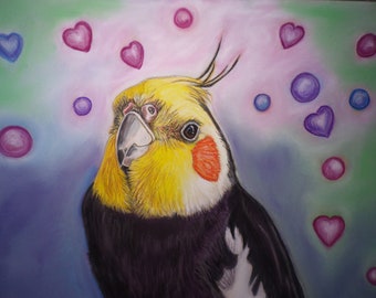 Cockatiel Art Print, Heart Bubbles, Pet Portrait