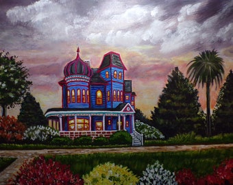 Victorian house original painting- house painting-house gift- wall decor-spooky house painting-Hand painted art -handmade art