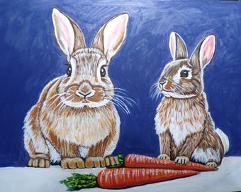 Bunny Rabbits   original painting- rabbit wall decor-Hand painted art-handmade art-ready to hang