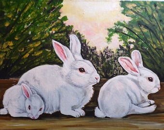 Rabbit Family Acrylic Painting – 8x10 Canvas Panel, Handmade Art