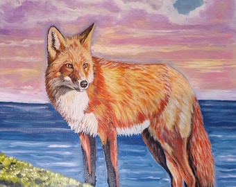 Red fox by the sea-fox original painting-wall decor- Hand painted art- handmade art