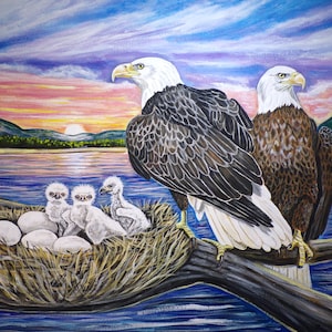 Eagle guarding the nest original painting- eagle art-eagle gift-wildlife art-Hand Painted - Handmade art